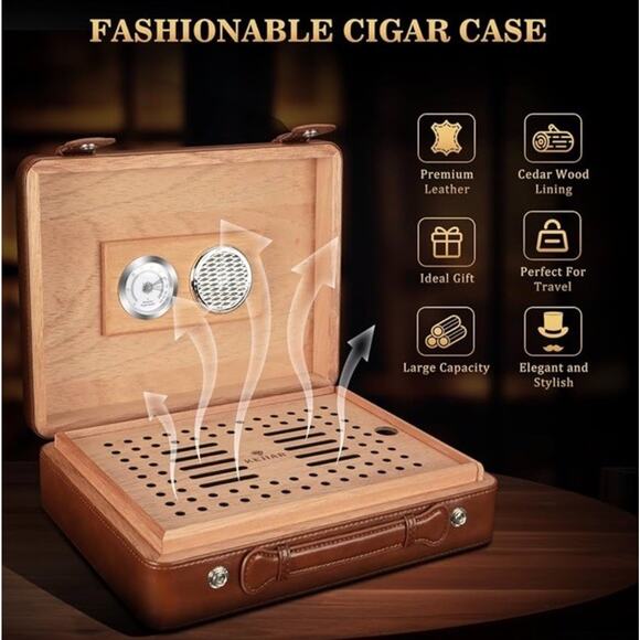 Cigar Humidor Box Cigar Lighter Cedar Wood Lined Leather Cigar Case Built in Hyg - Picture 3 of 6